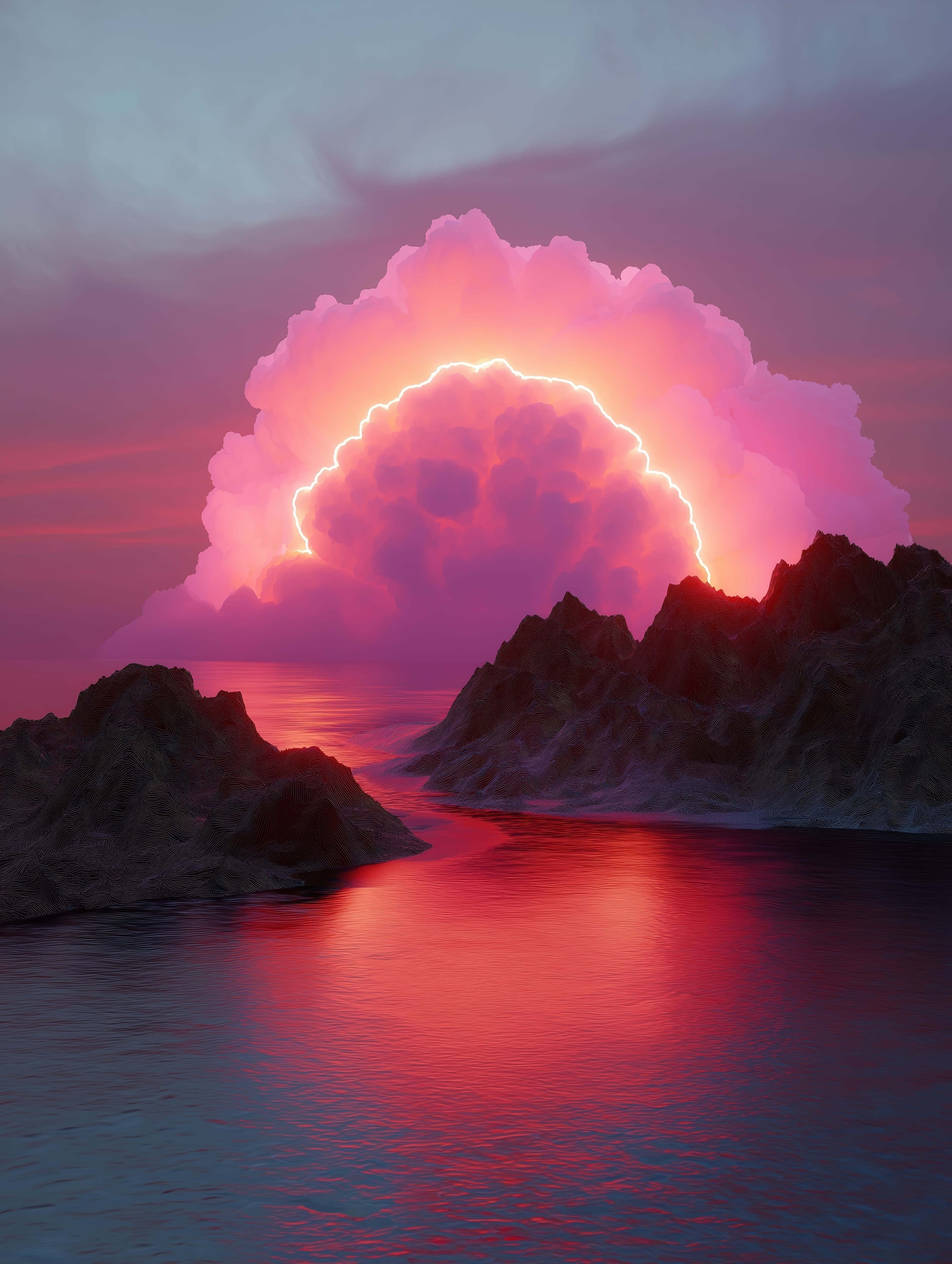Beautiful landscape of a sunset over a body of water. the sky is filled with vibrant colors of pink, orange, and red, with a large cloud-like shape in the center.