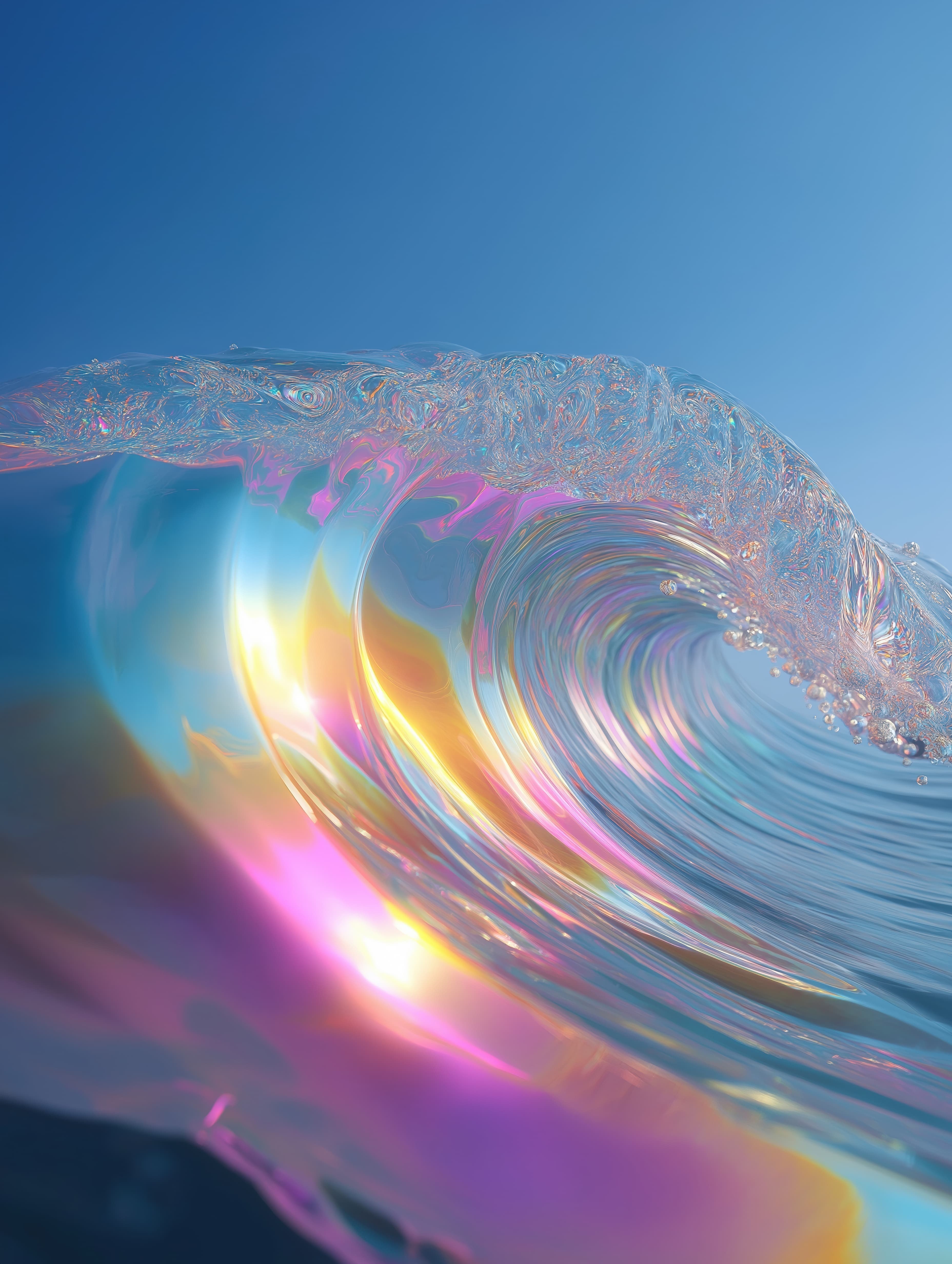 Abstract digital art piece that appears to be a close-up of a wave or a wave. the wave is made up of multiple layers of different colors, including blue, pink, yellow, and orange.
