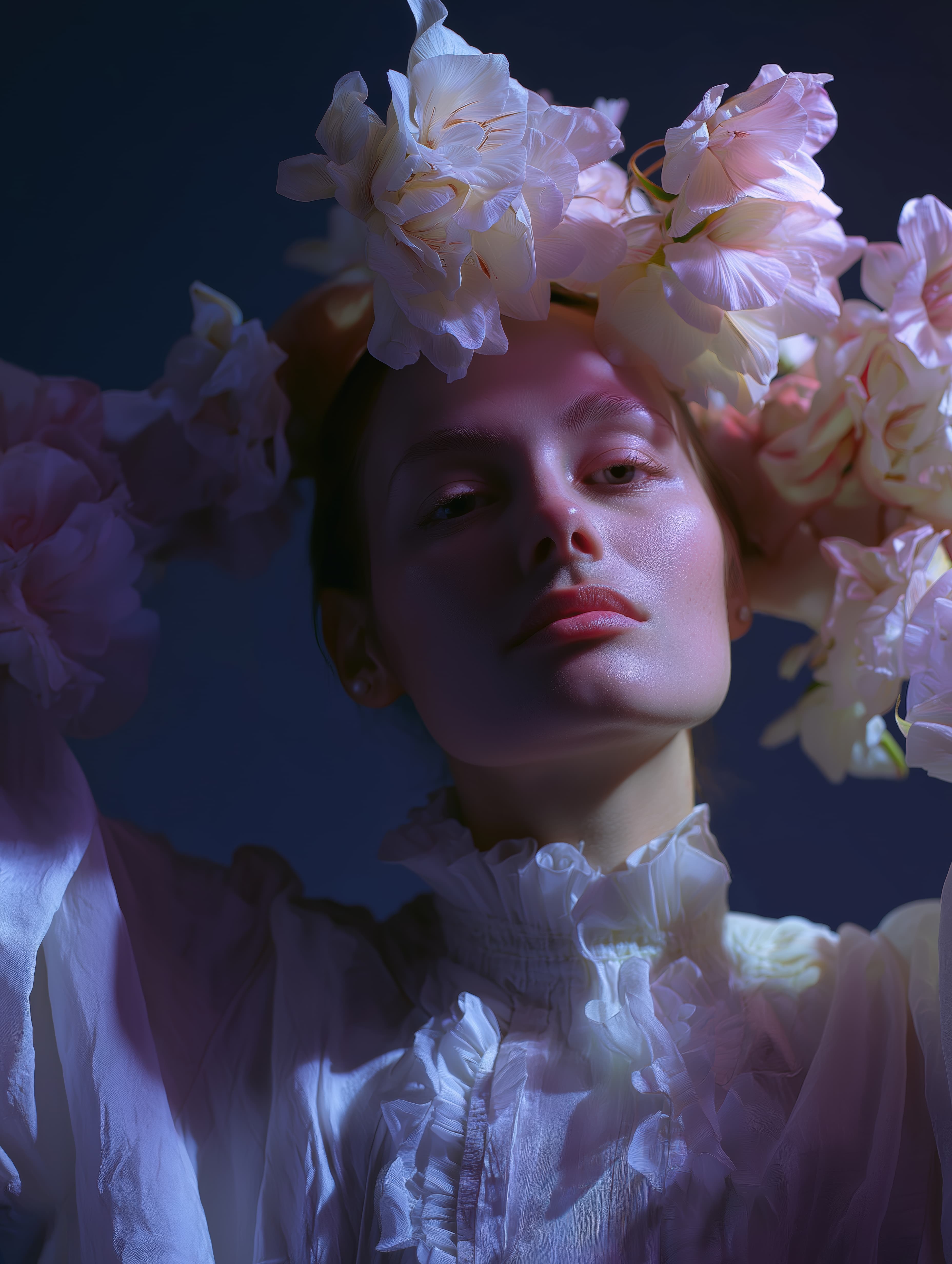 Portrait of a young woman with a flower crown on her head. she is wearing a white blouse with ruffles on the neckline and sleeves.