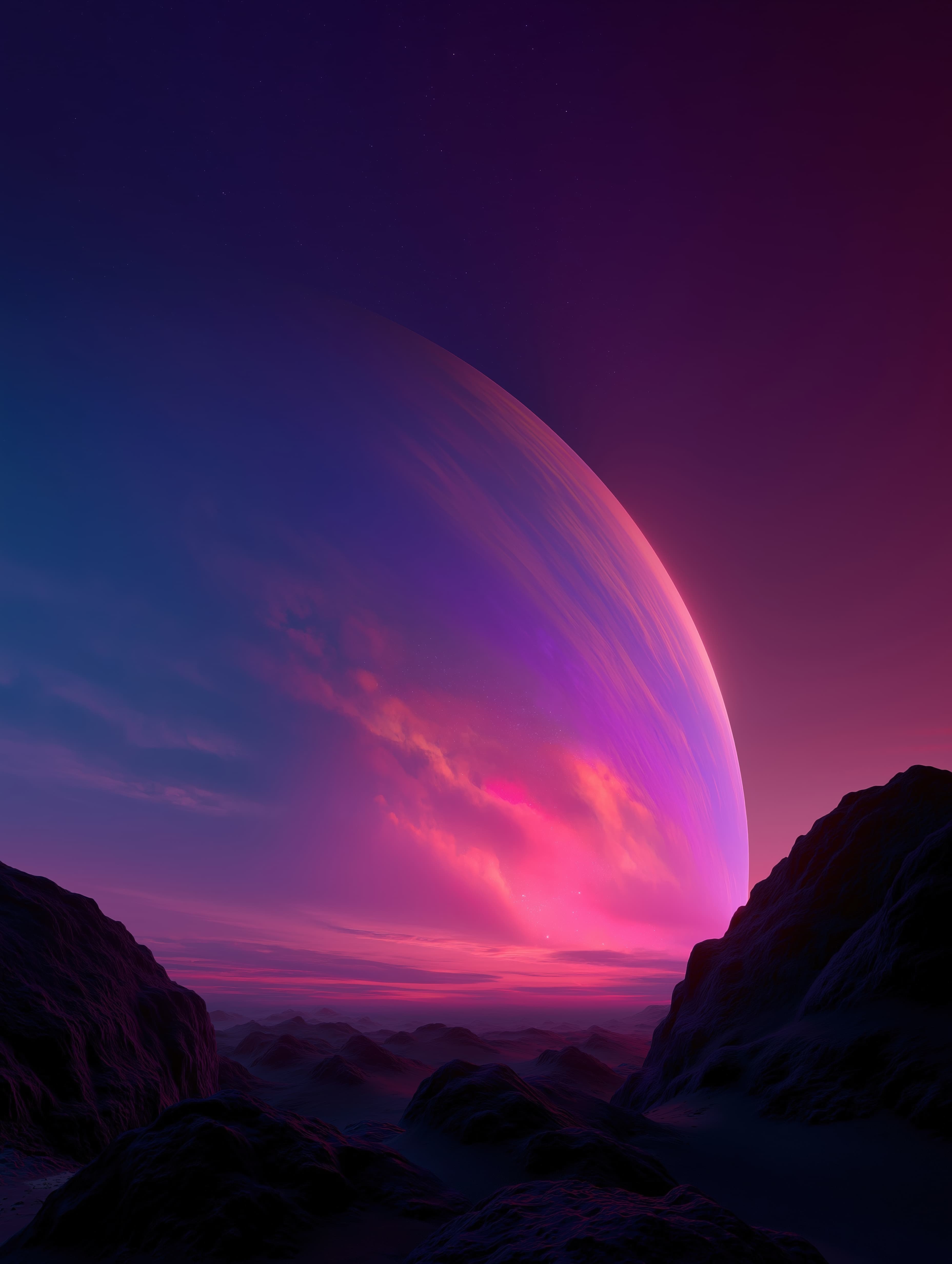 Digital illustration of a beautiful sunset over a rocky landscape. the sky is filled with vibrant colors of pink, purple, and blue, with a large, curved planet in the center.