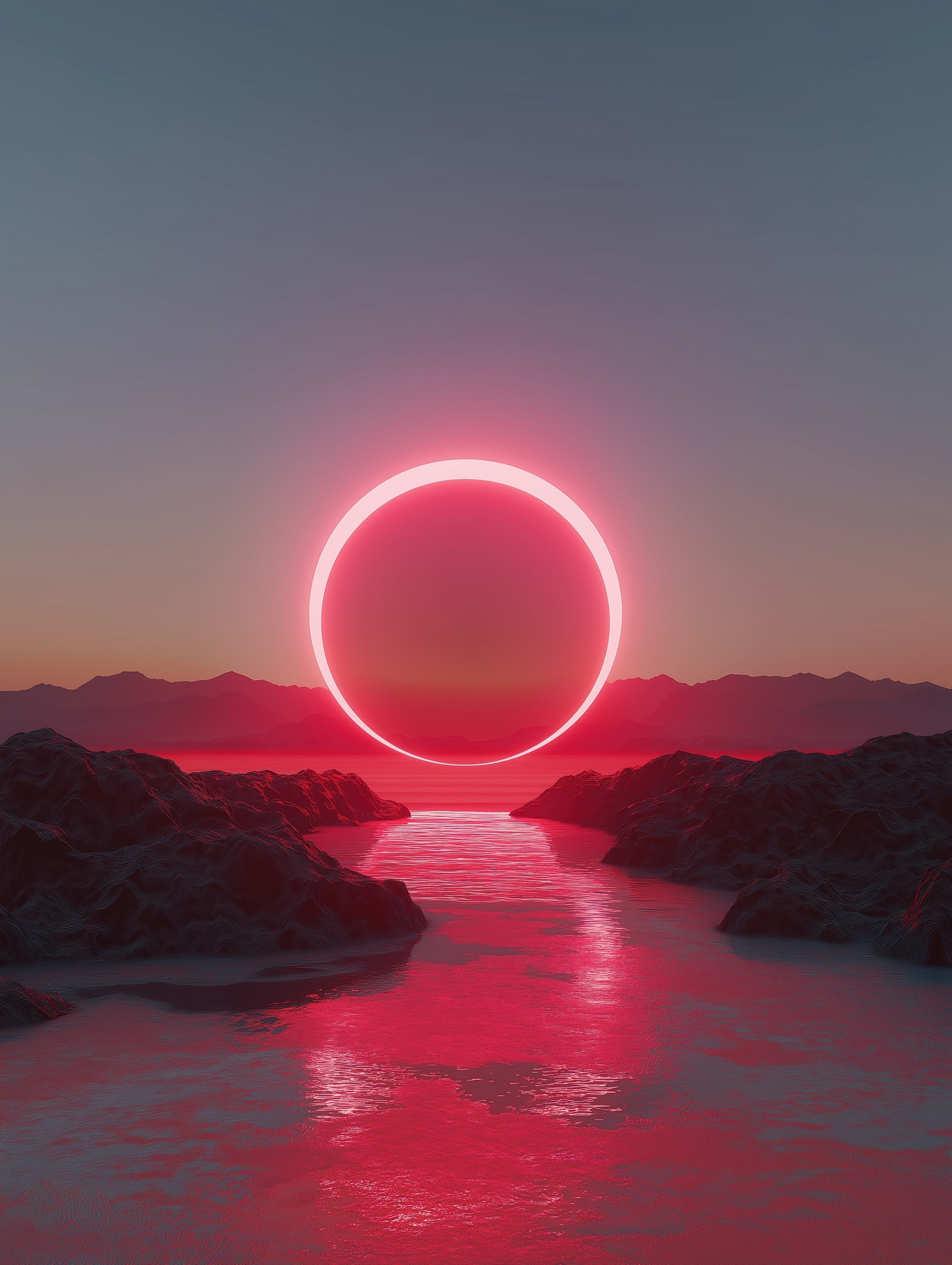 Digital illustration of a beautiful sunset over a body of water. the sky is a deep blue with a few wispy clouds.